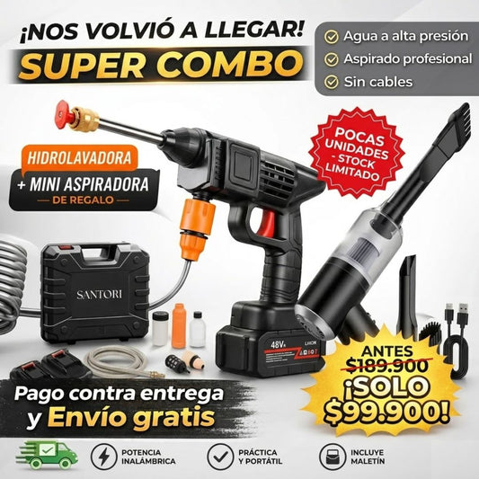 COMBO ESPECIAL: Hidrolavadora Portátil + (Aspiradora 3 en 1 + Doble Batería + Maletín)